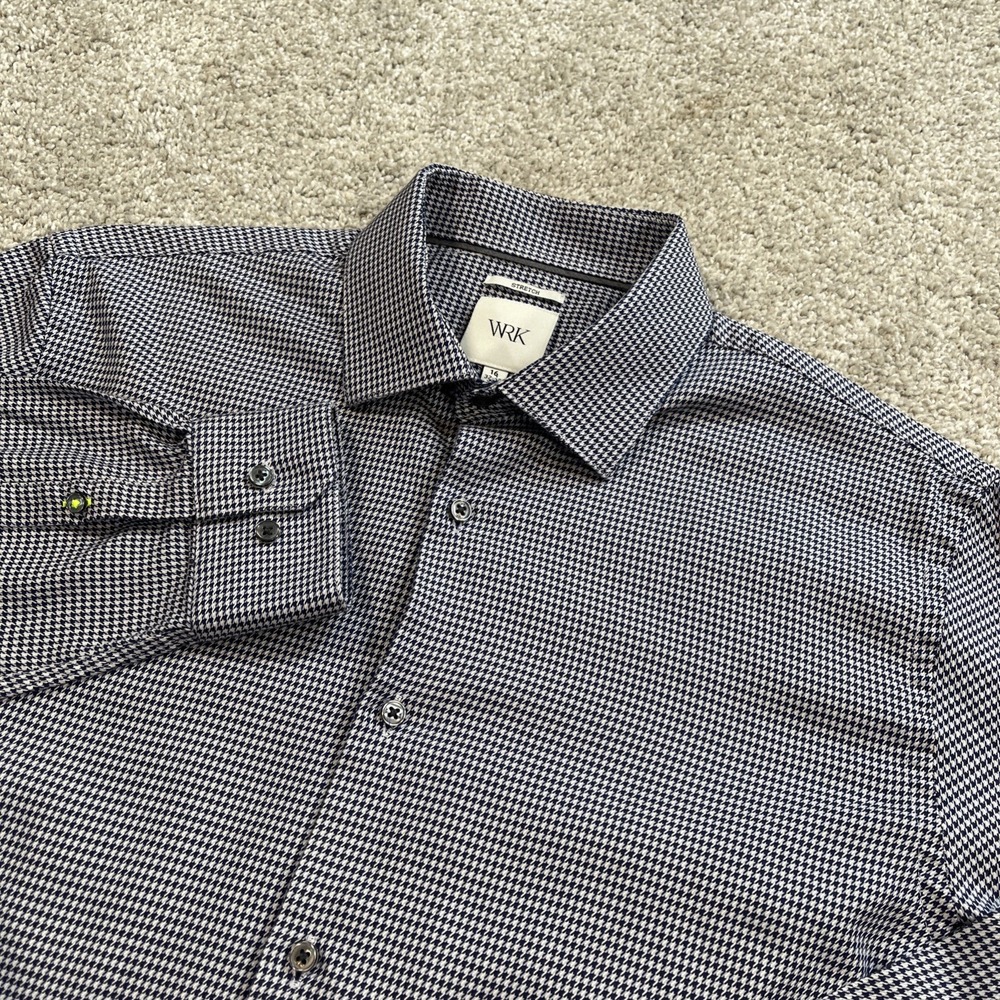 WRK 16.5 Dress Shirt Blue Micro Houndstooth Cotton Stretch Button Up Long Sleeve